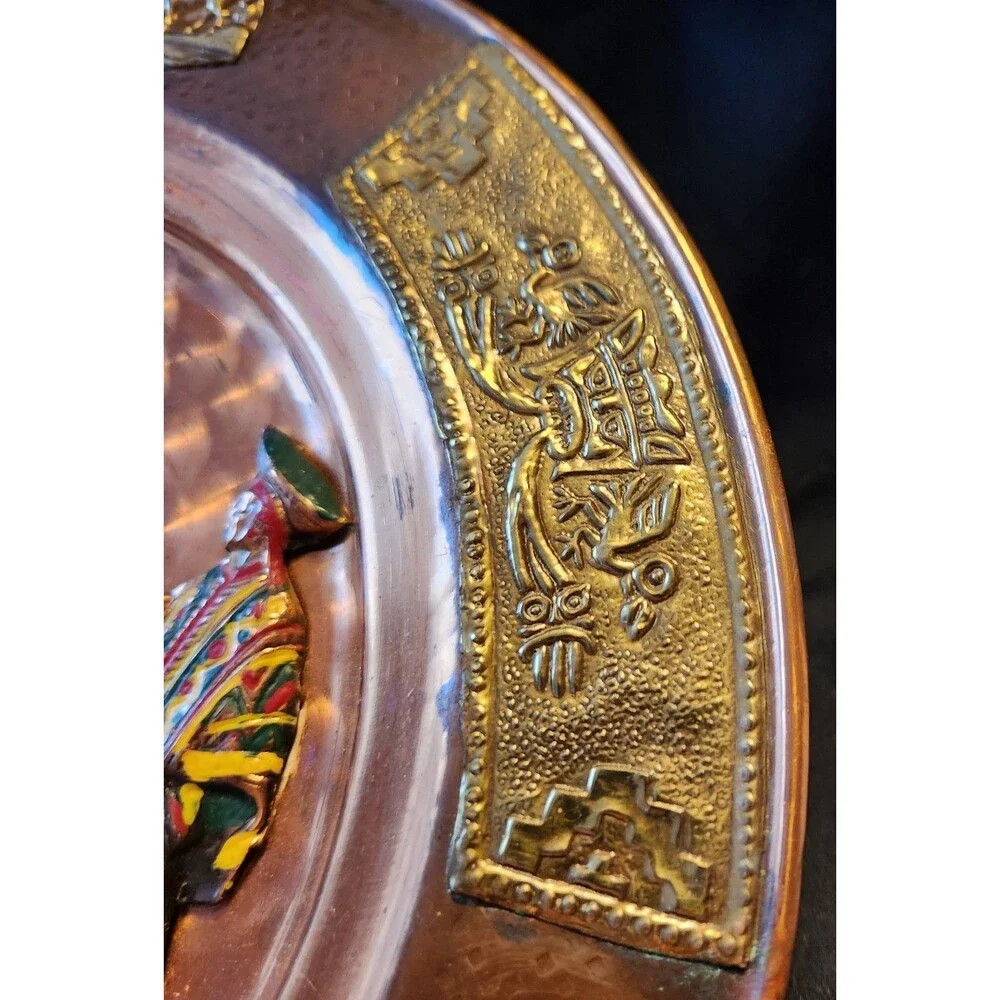 Vintage Peru Copper Metal Decorative Plate Handpainted